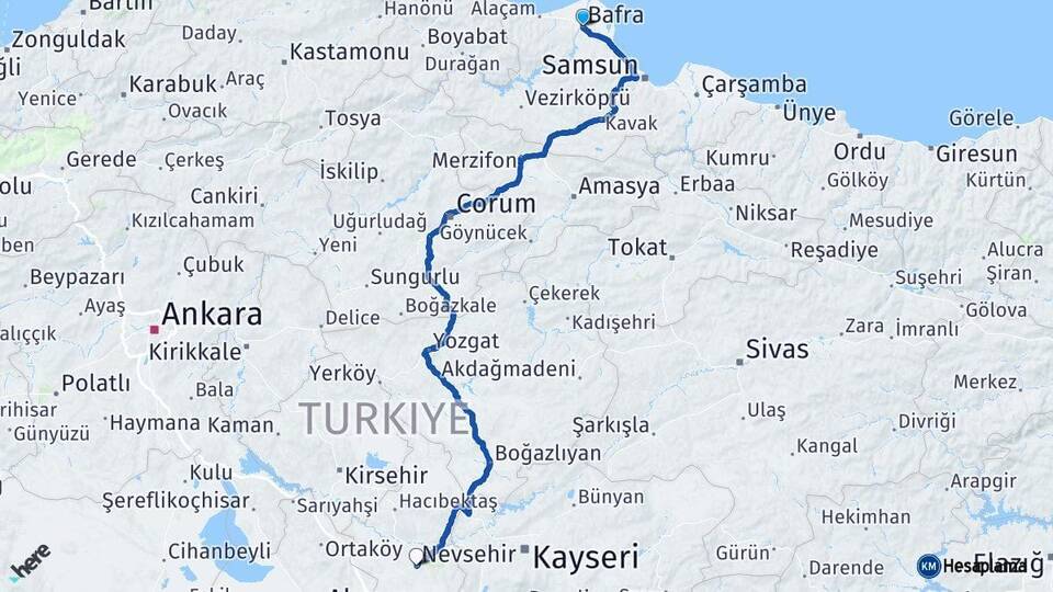 Samsun Bafra Nevşehir Arası Kaç Km - Yol Haritası