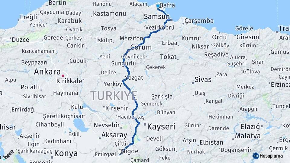 Samsun Bafra Niğde Arası Kaç Km - Yol Haritası