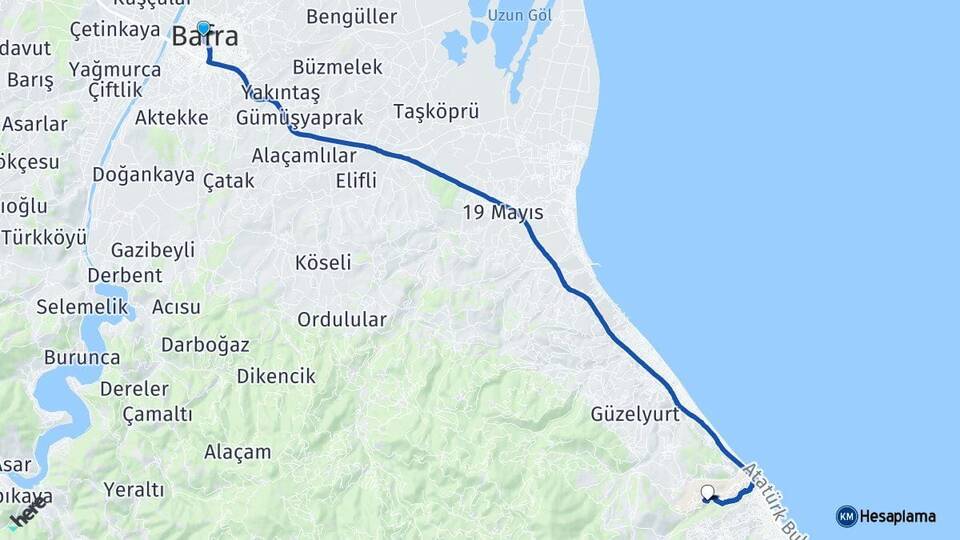 Samsun Bafra Ondokuz Mayıs Üniversitesi Arası Kaç Km - Yol Haritası