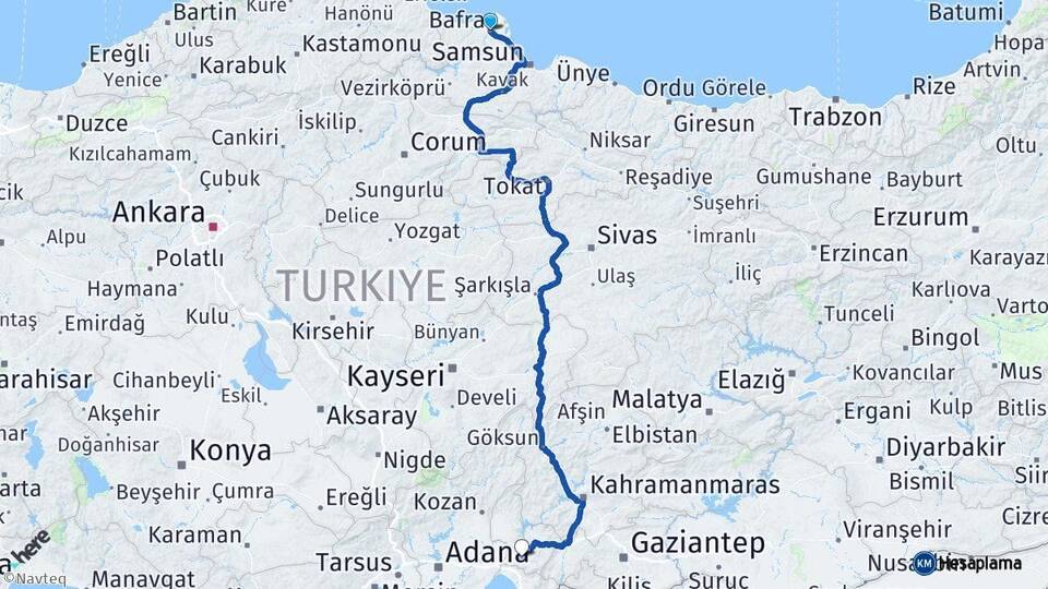 Samsun Bafra Osmaniye Arası Kaç Km - Yol Haritası