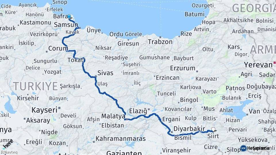 Samsun Bafra Siirt Arası Kaç Km - Yol Haritası