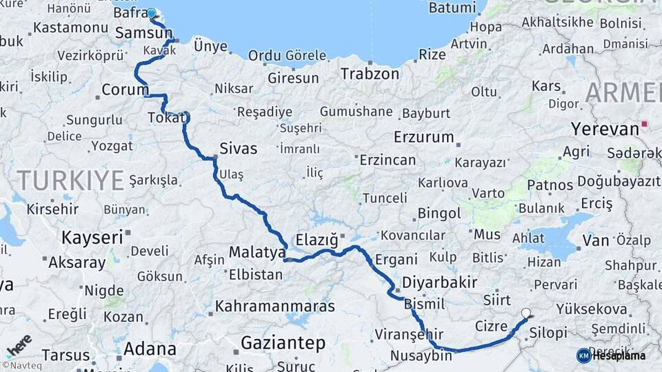 Samsun Bafra Şırnak Arası Kaç Km - Yol Haritası