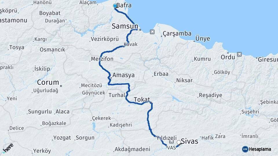 Samsun Bafra Sivas Arası Kaç Km - Yol Haritası