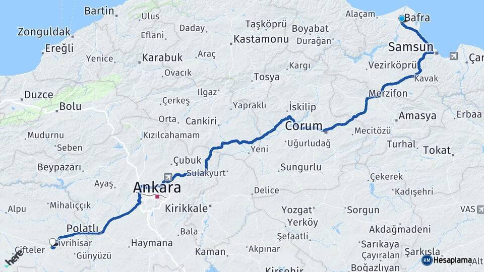 Samsun Bafra Sivrihisar Eskişehir Arası Kaç Km - Yol Haritası