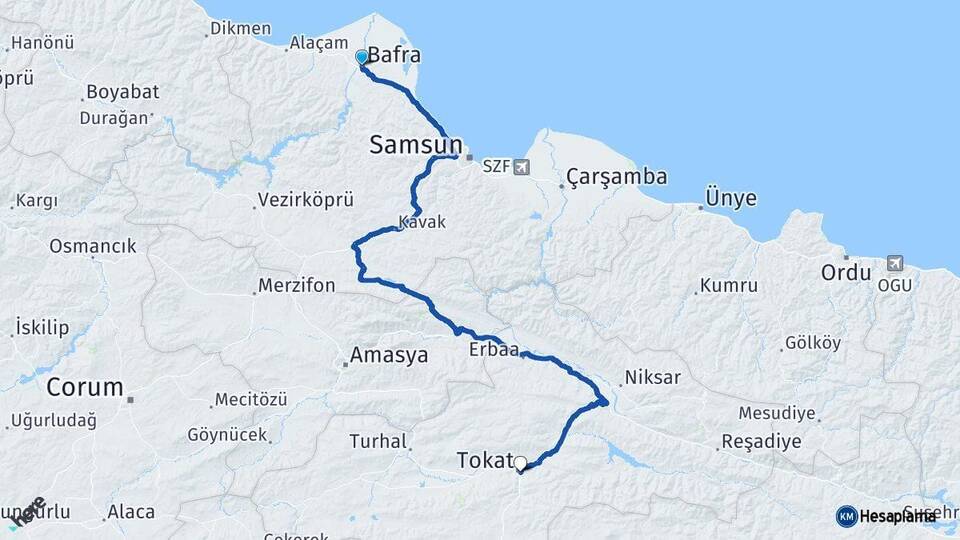 Samsun Bafra Tokat Arası Kaç Km - Yol Haritası