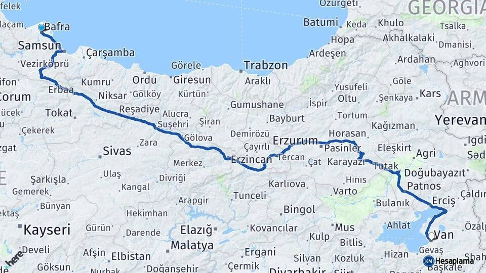 Samsun Bafra Van Arası Kaç Km - Yol Haritası