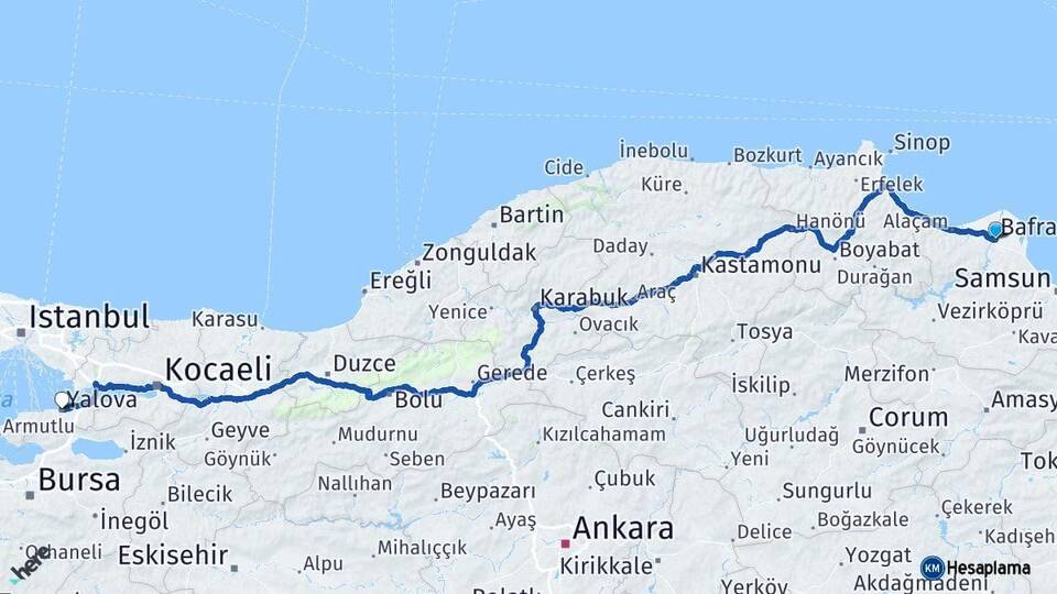 Samsun Bafra Yalova Arası Kaç Km - Yol Haritası