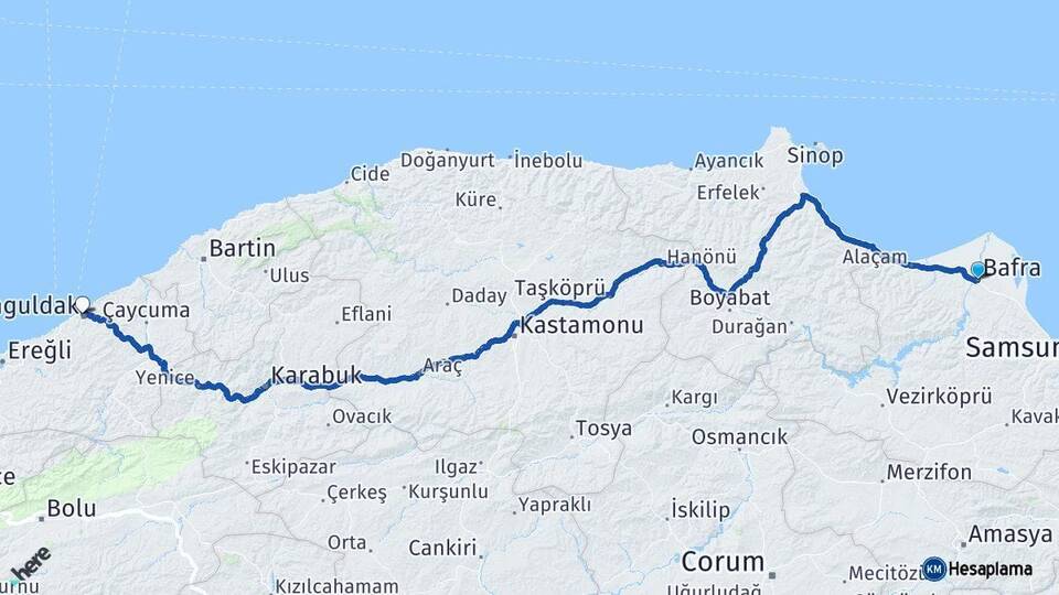 Samsun Bafra Zonguldak Arası Kaç Km - Yol Haritası