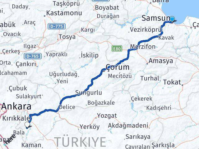 Samsun Bahşili Kırıkkale Arası Kaç Km - Yol Haritası
