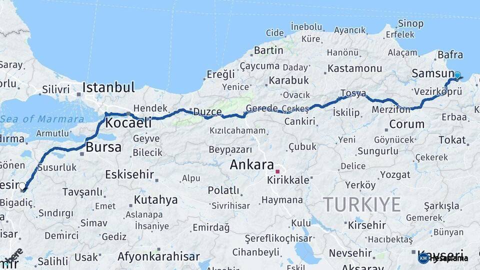 Samsun Balıkesir Arası Kaç Km - Yol Haritası