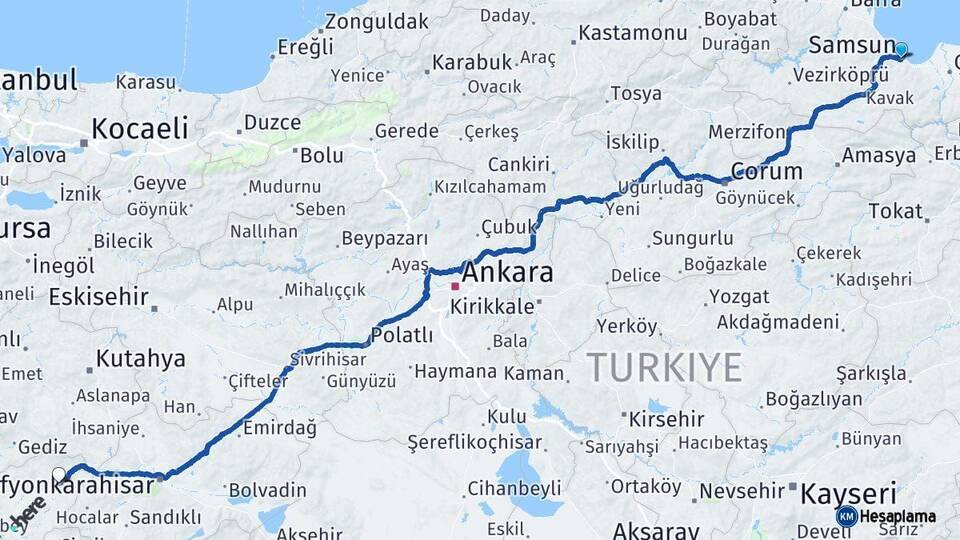 Samsun Banaz Uşak Arası Kaç Km - Yol Haritası