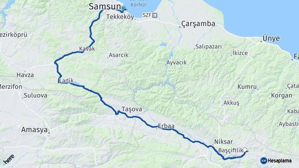 Samsun Başçiftlik Tokat Arası Kaç Km - Yol Haritası