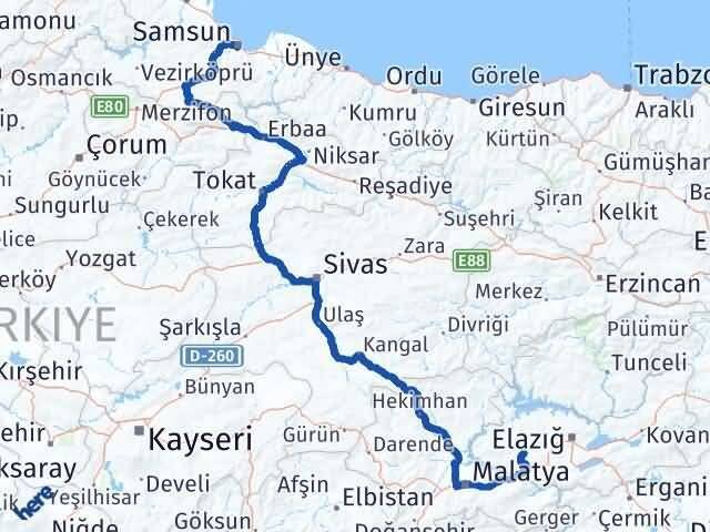 Samsun Baskil Elazığ Arası Kaç Km - Yol Haritası