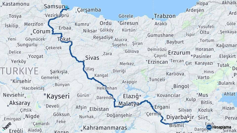 Samsun Batman Arası Kaç Km - Yol Haritası