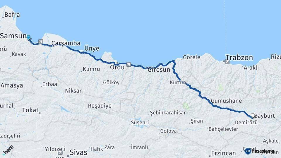 Samsun Bayburt Arası Kaç Km - Yol Haritası