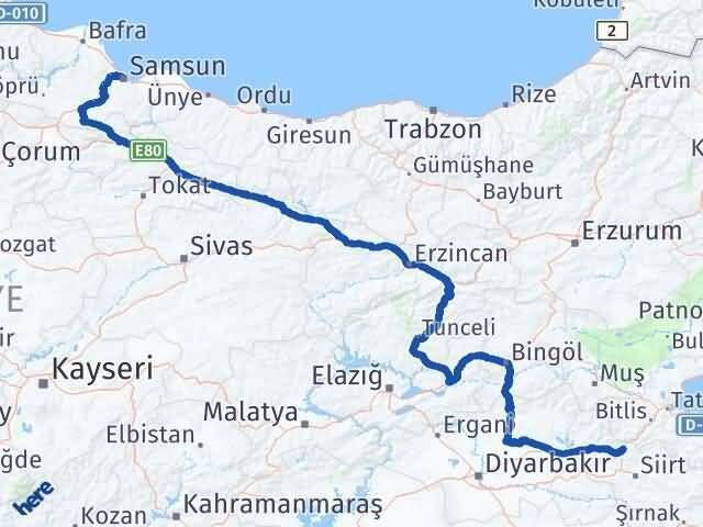 Samsun Baykan Siirt Arası Kaç Km - Yol Haritası
