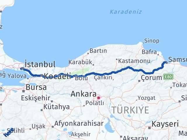Samsun Bayrampaşa İstanbul Arası Kaç Km - Yol Haritası