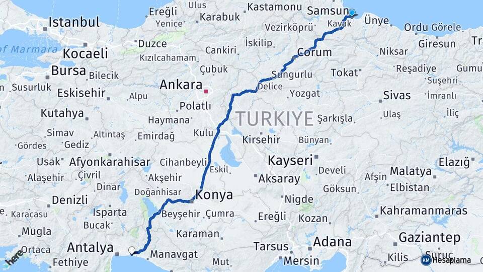Samsun Belek Serik Antalya Arası Kaç Km - Yol Haritası