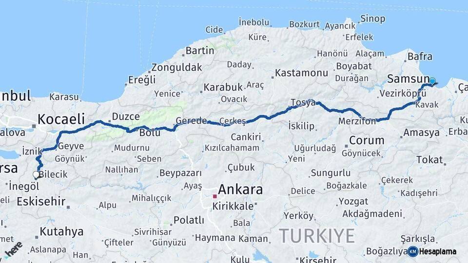 Samsun Bilecik Arası Kaç Km - Yol Haritası