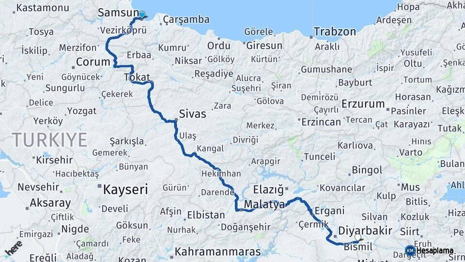 Samsun Bismil Diyarbakır Arası Kaç Km - Yol Haritası