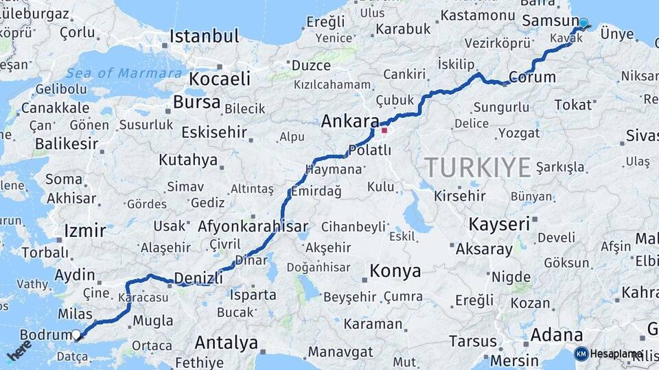Samsun Bodrum Muğla Arası Kaç Km - Yol Haritası