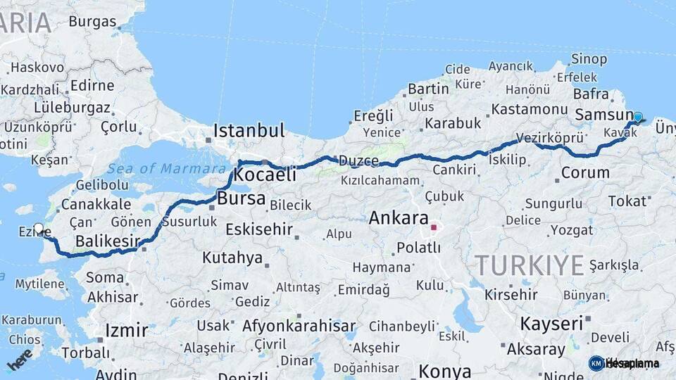 Samsun Bozcaada Çanakkale Arası Kaç Km - Yol Haritası