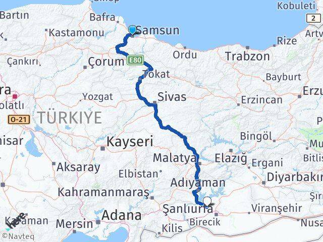 Samsun Bozova Şanlıurfa Arası Kaç Km - Yol Haritası