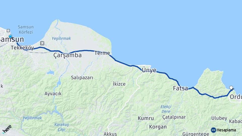 Samsun Boztepe Altınordu Arası Kaç Km - Yol Haritası