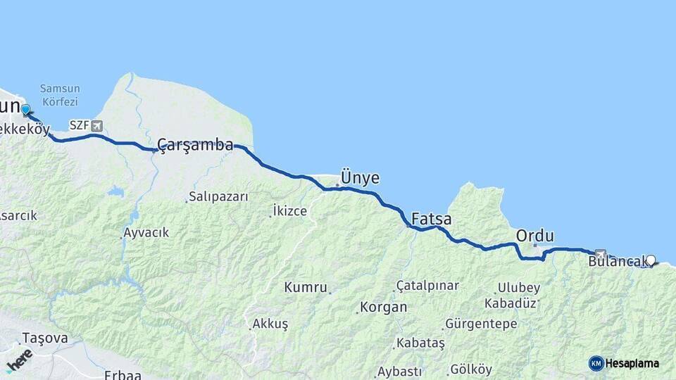 Samsun Bulancak Giresun Arası Kaç Km - Yol Haritası