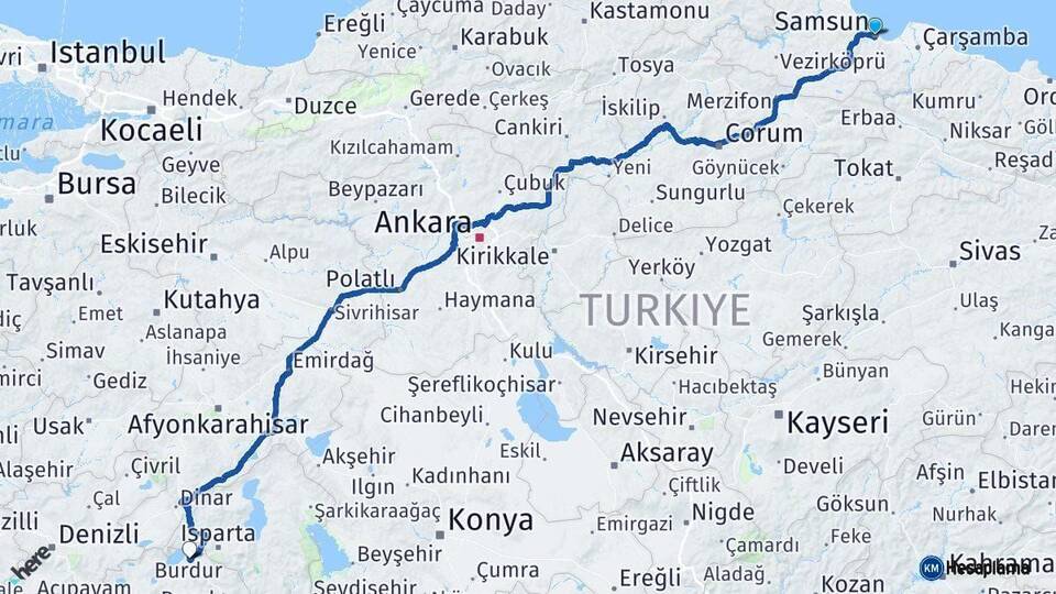 Samsun Burdur Arası Kaç Km - Yol Haritası