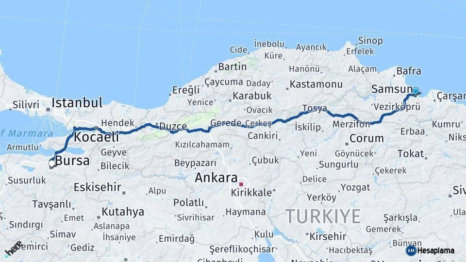 Samsun Bursa Arası Kaç Km - Yol Haritası