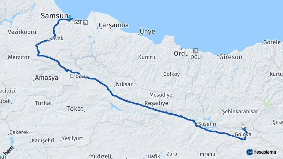 Samsun Çamoluk Giresun Arası Kaç Km - Yol Haritası