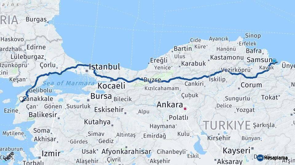 Samsun Çanakkale Arası Kaç Km - Yol Haritası