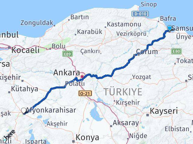Samsun Canik Afyonkarahisar Arası Kaç Km - Yol Haritası
