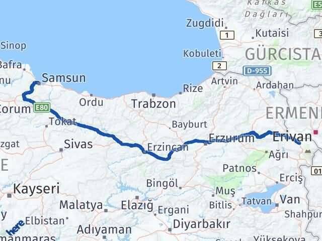 Samsun Canik Iğdır Arası Kaç Km - Yol Haritası