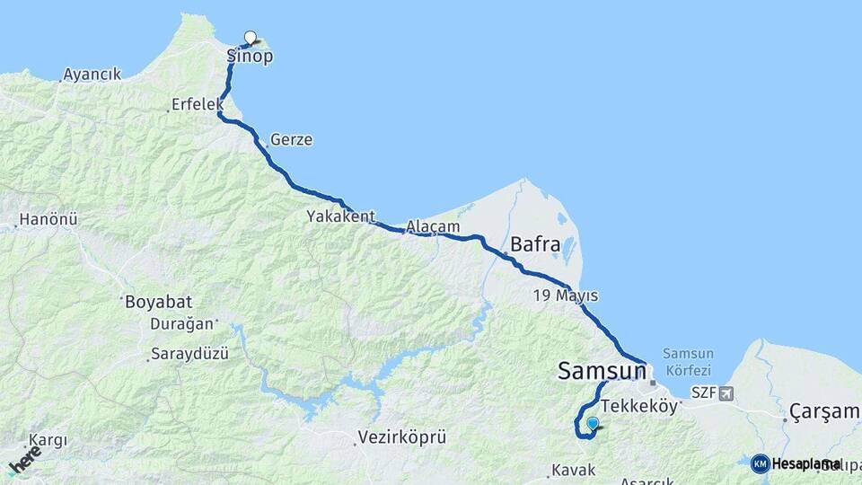 Samsun Canik Sinop Arası Kaç Km - Yol Haritası