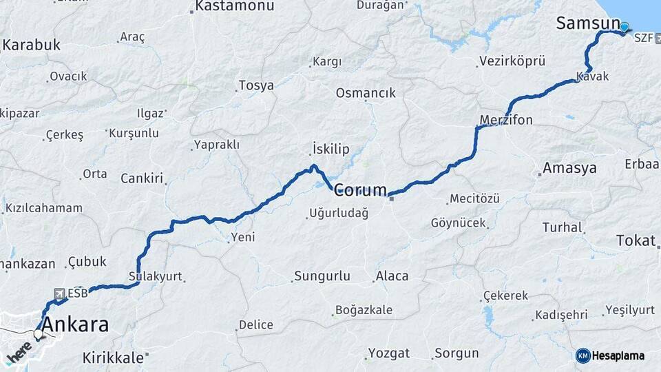 Samsun Çankaya Ankara Arası Kaç Km - Yol Haritası