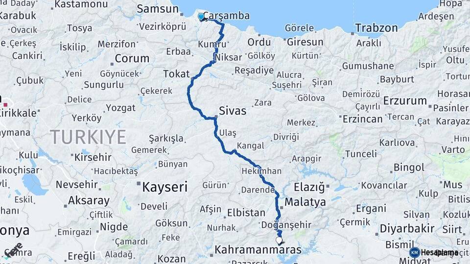 Samsun Çarşamba Adıyaman Arası Kaç Km - Yol Haritası