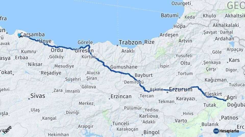 Samsun Çarşamba Ağrı Arası Kaç Km - Yol Haritası