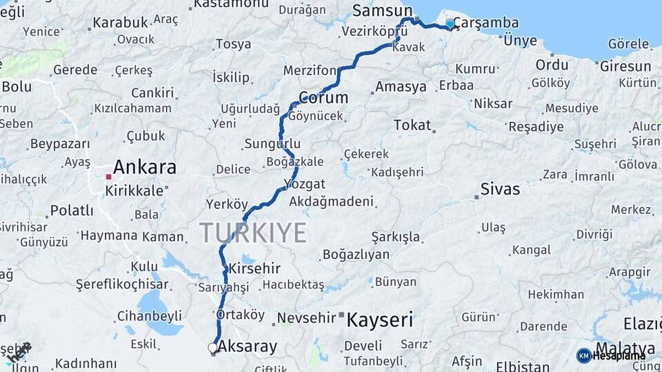 Samsun Çarşamba Aksaray Arası Kaç Km - Yol Haritası