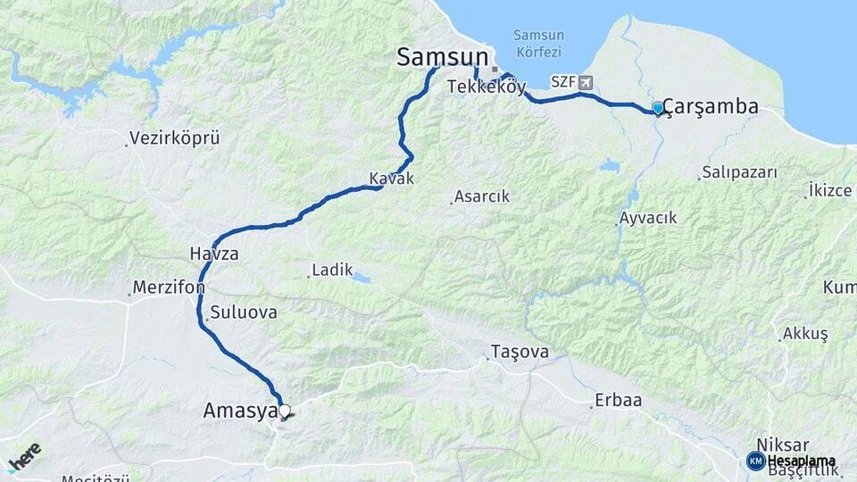 Samsun Çarşamba Amasya Arası Kaç Km - Yol Haritası