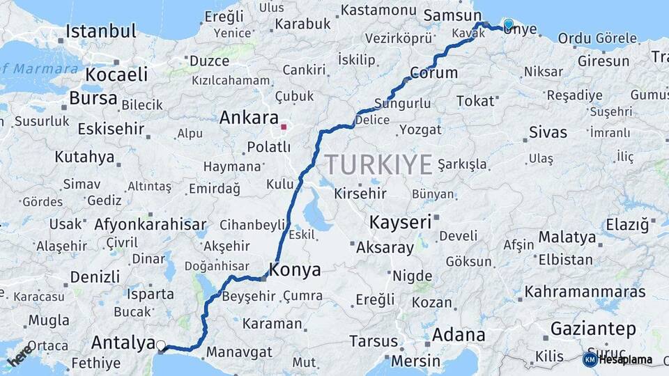 Samsun Çarşamba Antalya Arası Kaç Km - Yol Haritası