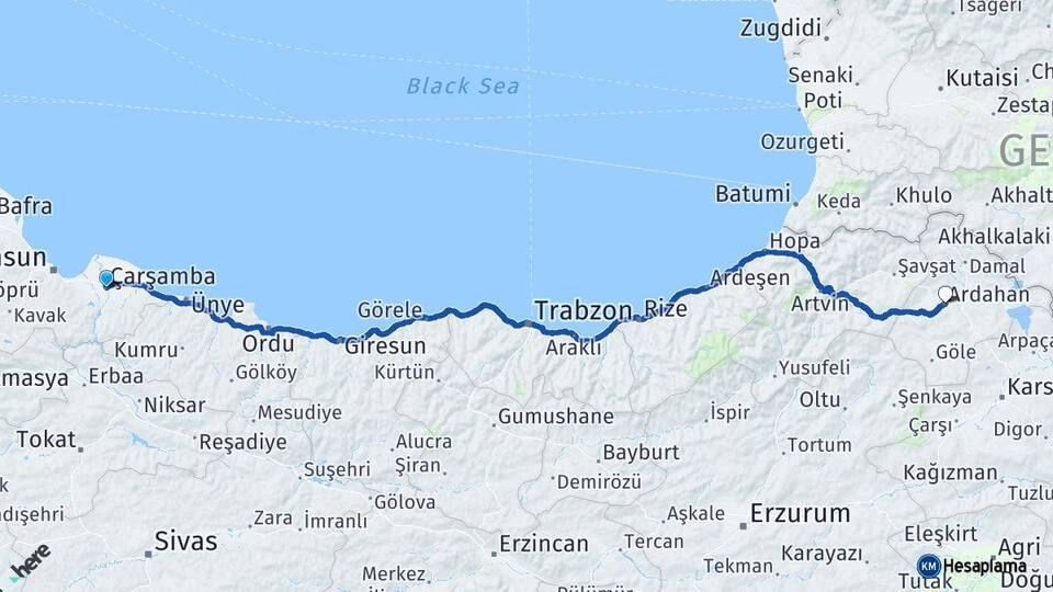 Samsun Çarşamba Ardahan Arası Kaç Km - Yol Haritası