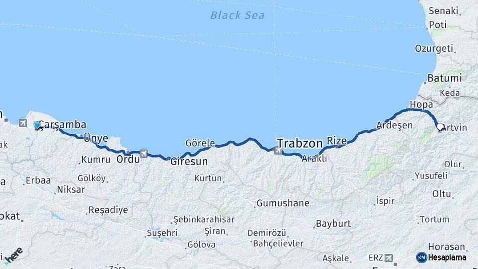 Samsun Çarşamba Artvin Arası Kaç Km - Yol Haritası