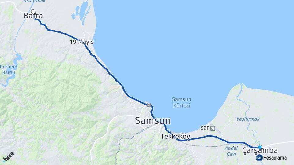 Samsun Çarşamba Bafra Arası Kaç Km - Yol Haritası