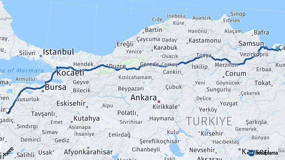 Samsun Çarşamba Balıkesir Arası Kaç Km - Yol Haritası