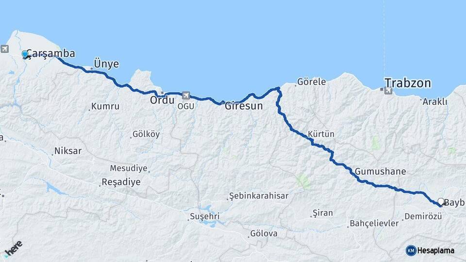 Samsun Çarşamba Bayburt Arası Kaç Km - Yol Haritası