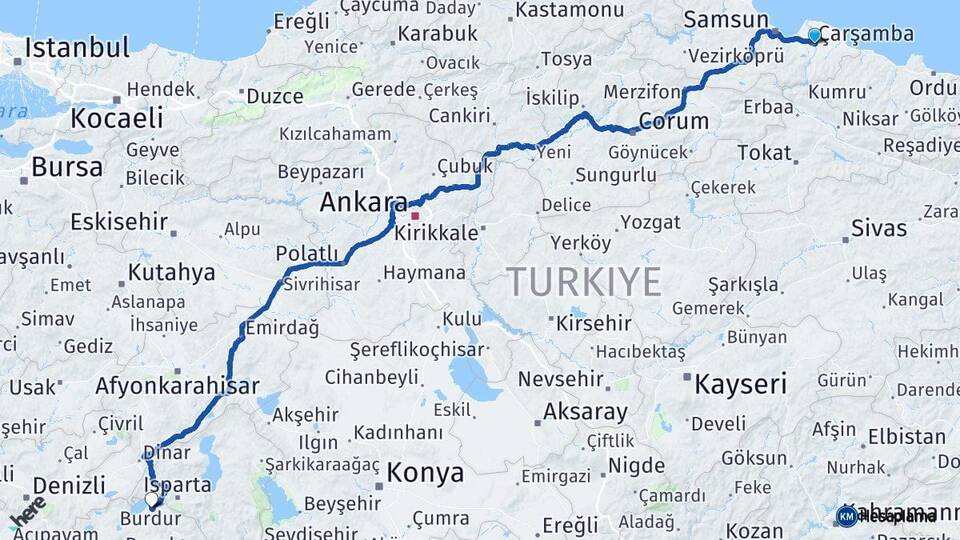 Samsun Çarşamba Burdur Arası Kaç Km - Yol Haritası
