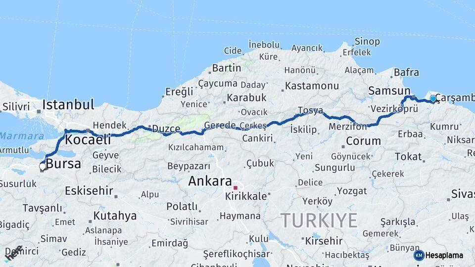 Samsun Çarşamba Bursa Arası Kaç Km - Yol Haritası