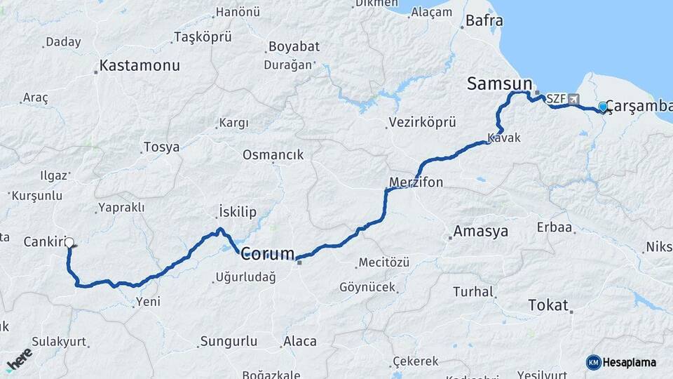 Samsun Çarşamba Çankırı Arası Kaç Km - Yol Haritası